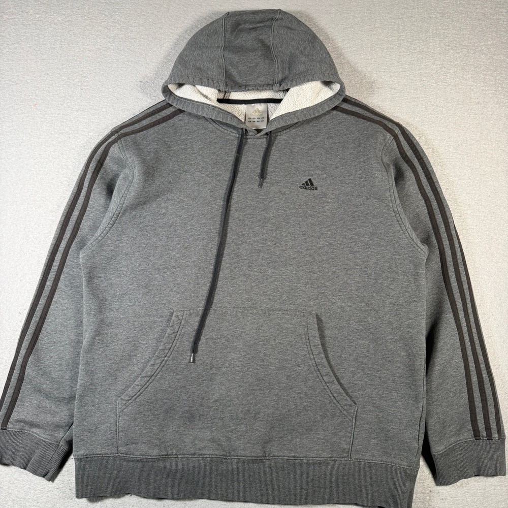 Adidas Men Gray Sherpa Lined Hoodie 3 Stripe Fleece Pullover 2XL